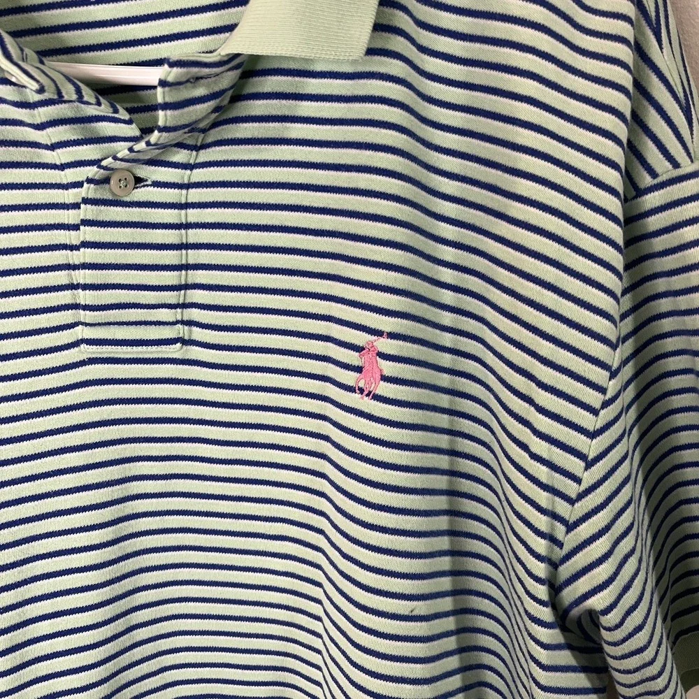 Polo Ralph Lauren T-Shirt Collar Blue Green Striped Men Sz XL Horse Logo